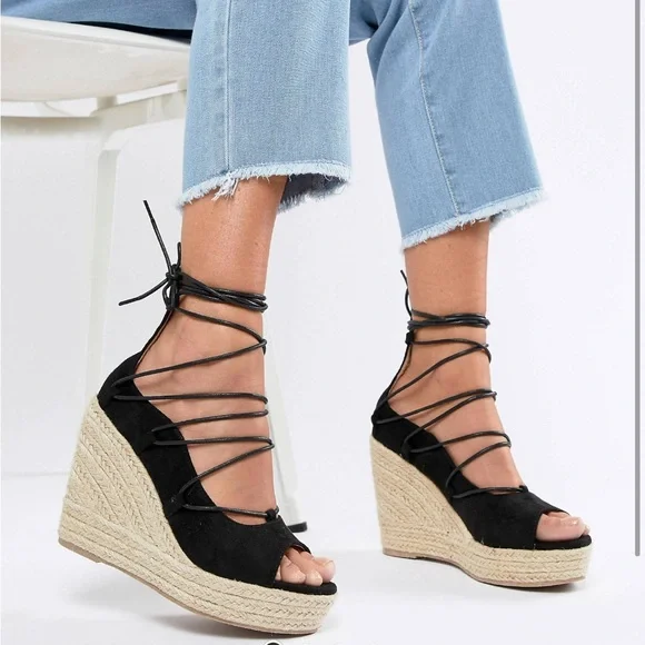 ASOS Shoes Raid Ayla Black Lace Up Espadrille Wedges Size